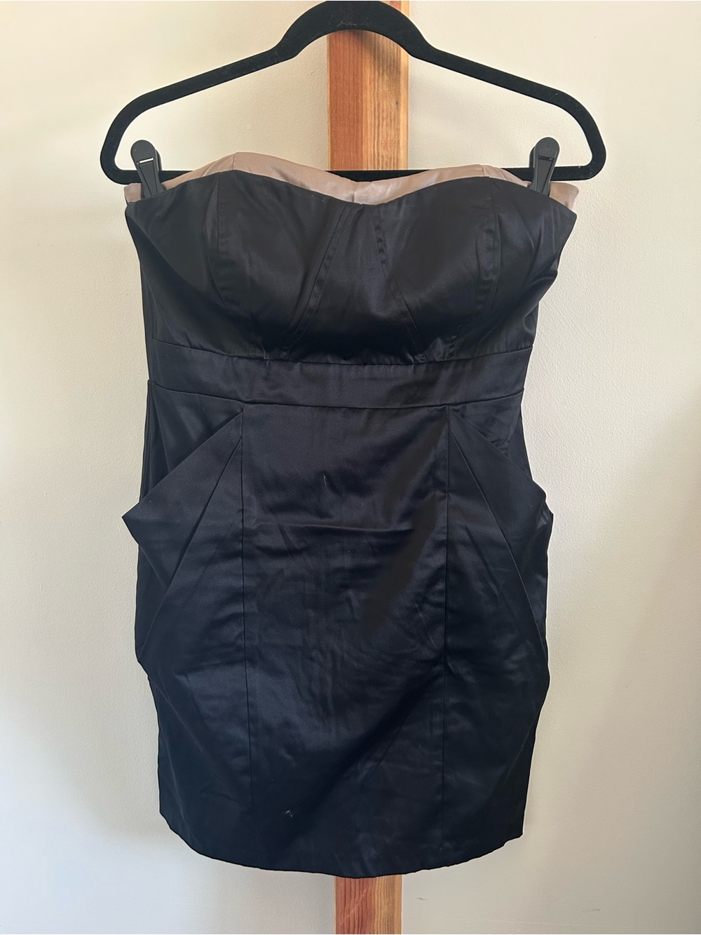 Mystic Strapless Black Satin Sheath Dress with Contrast Trim